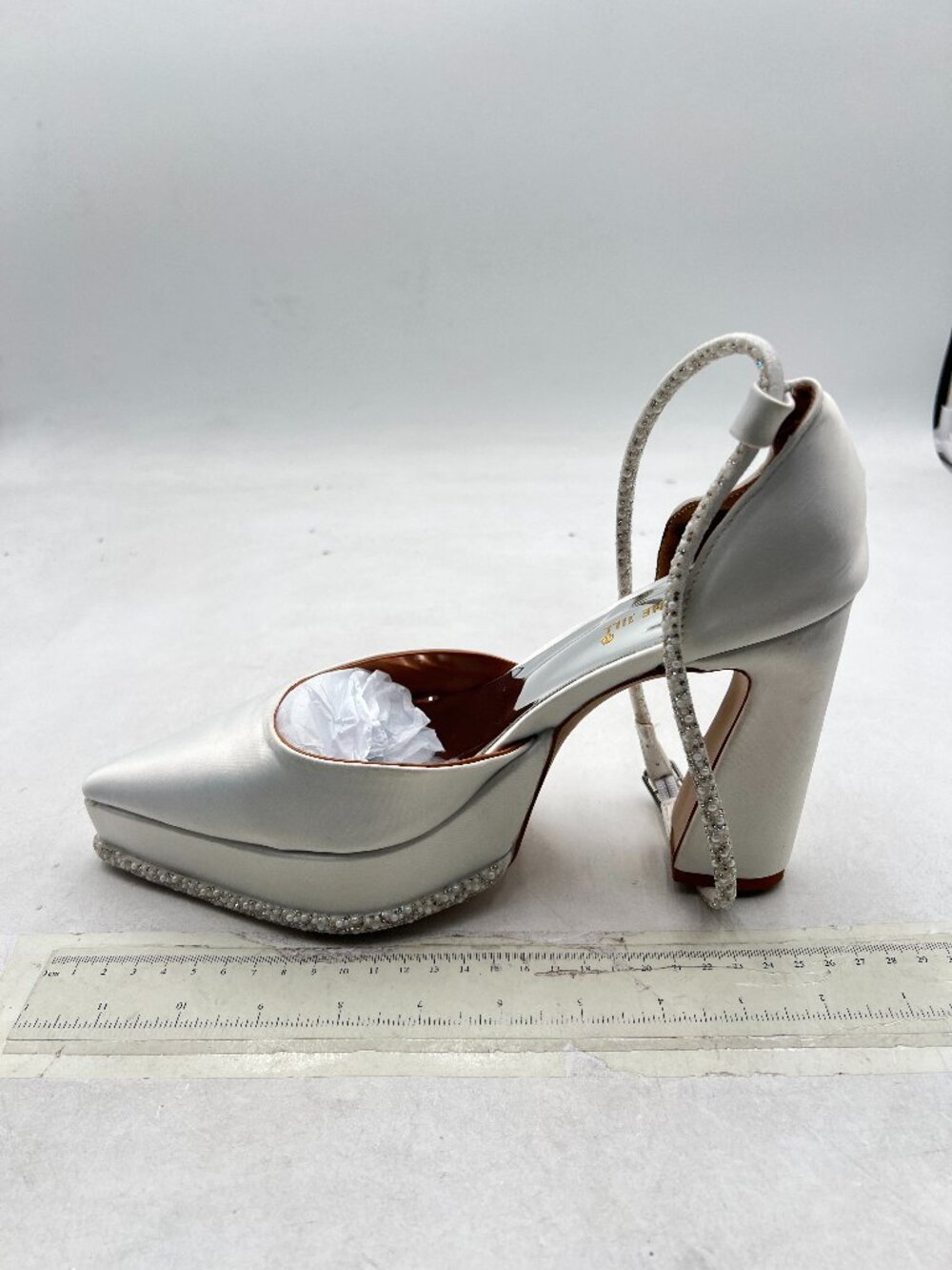 FSJ White Pointed Toe Chunky Heel Platform Pumps Rhinestone Ankle Strap Shoes